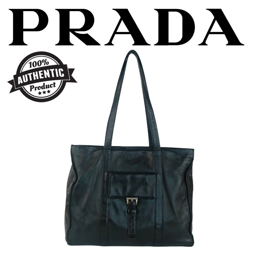 Prada Leather Nappa Shoulder Bag Buckle Front Pocket Black